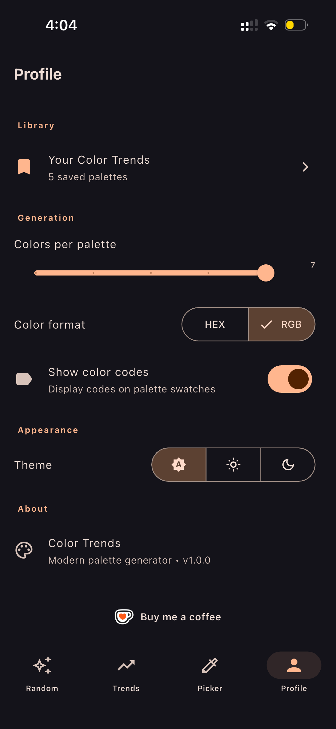 Profile and Settings screen