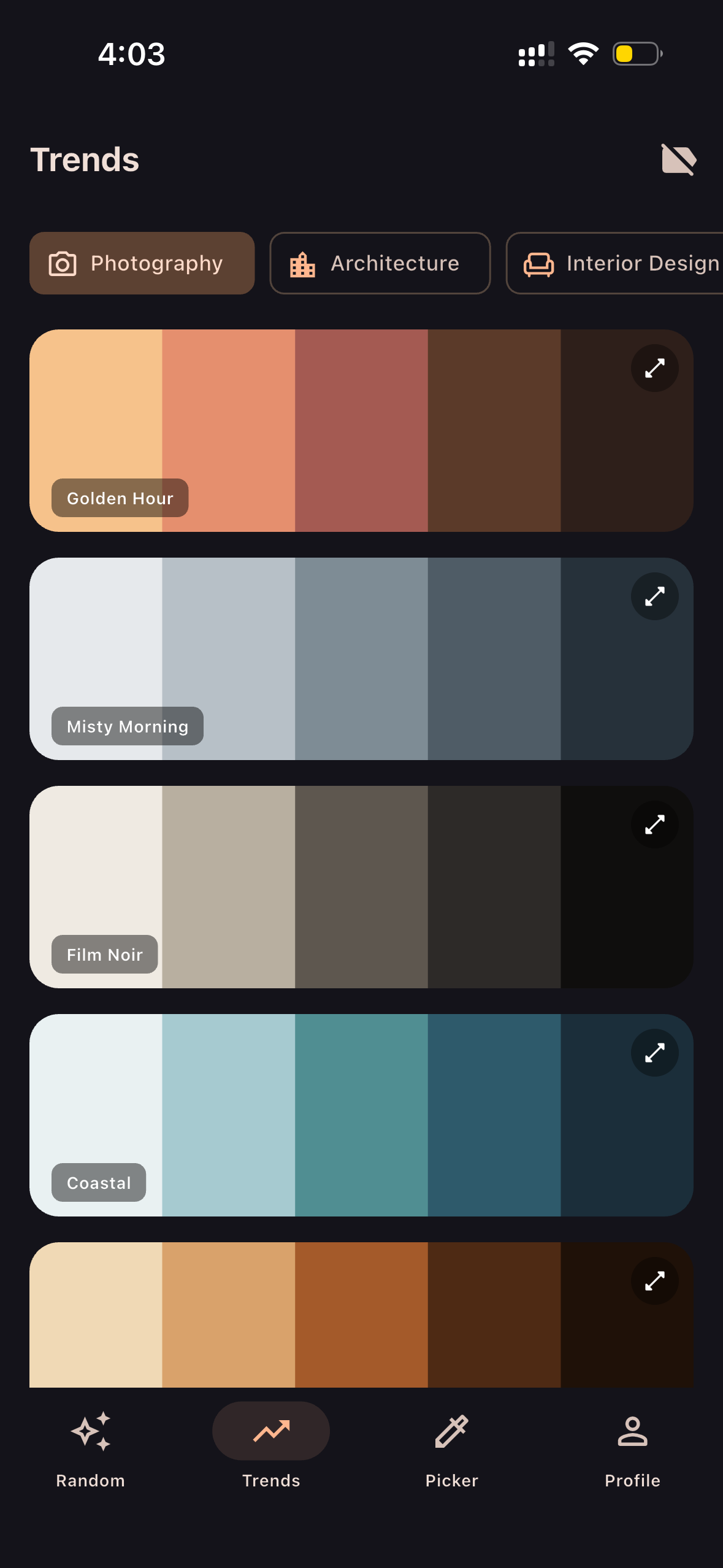 Color Trends — Trends tab with named palettes
