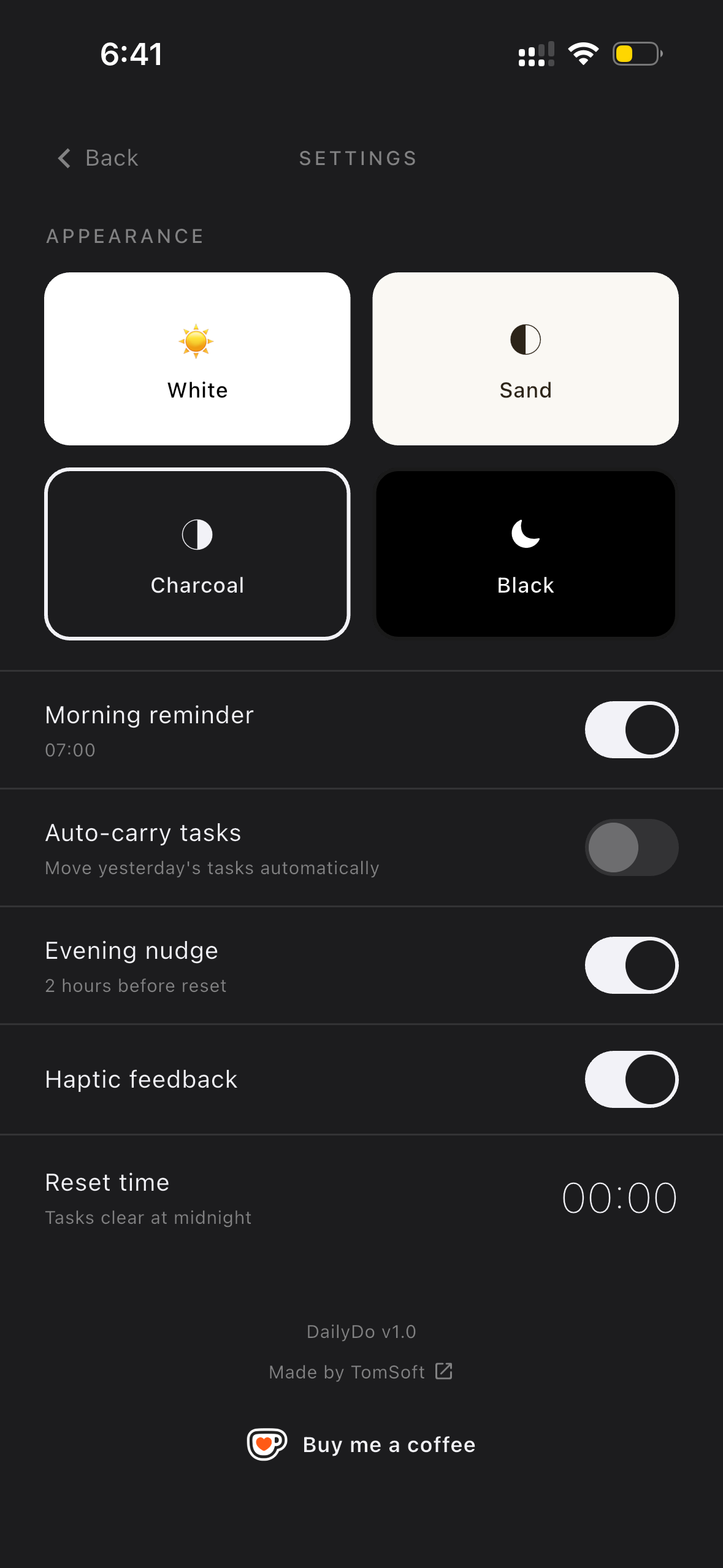 Settings — Charcoal theme