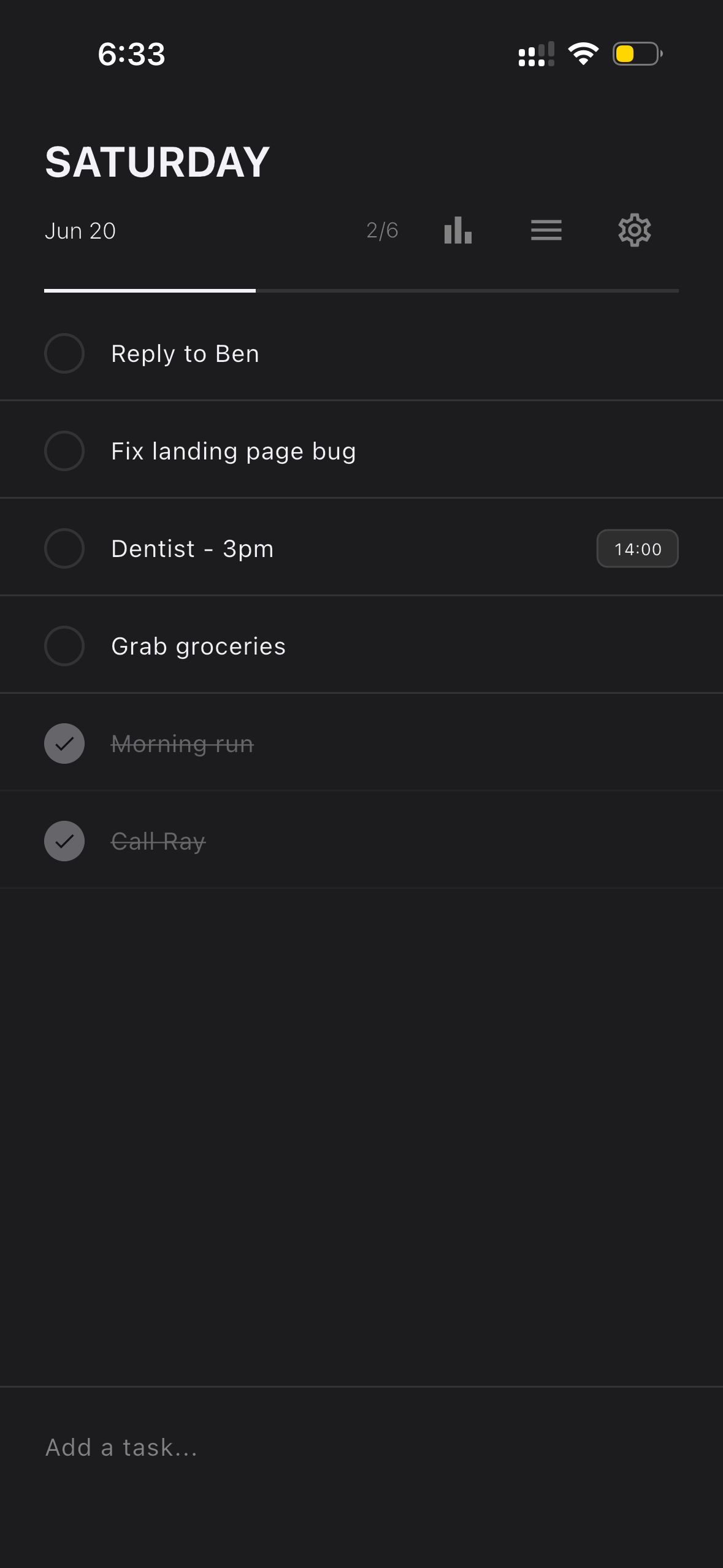 DailyDo today screen — Charcoal theme